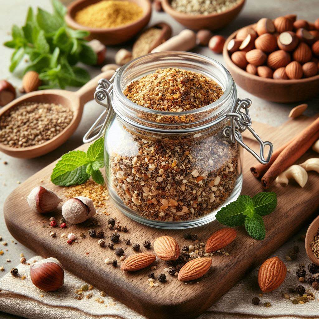Een potje met dukkah en losse ingrediënten er omheen