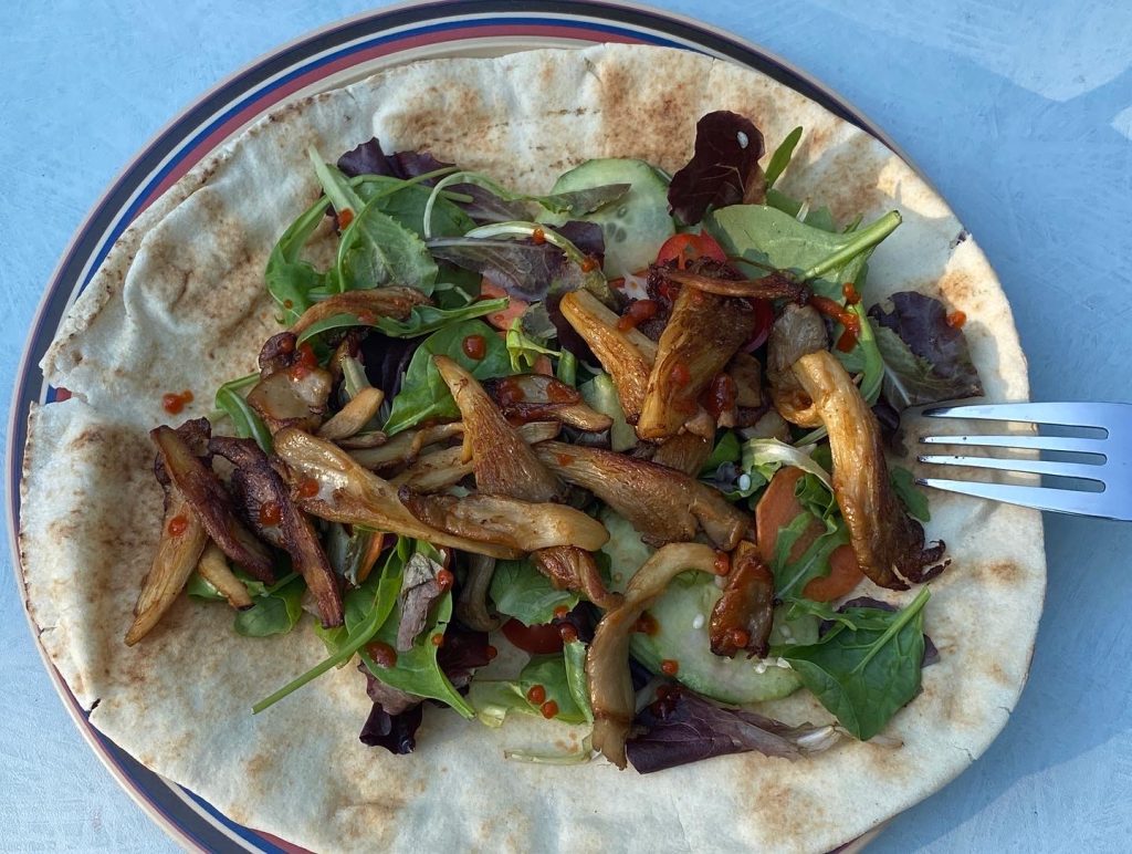 Platbrood met gebakken oesterzwammen en salade