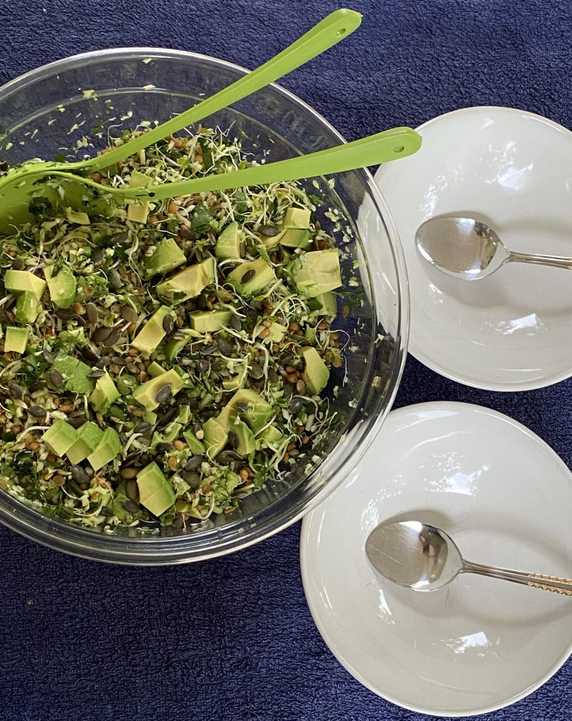Broccoli-linzensalade met avocado en kiemgroenten