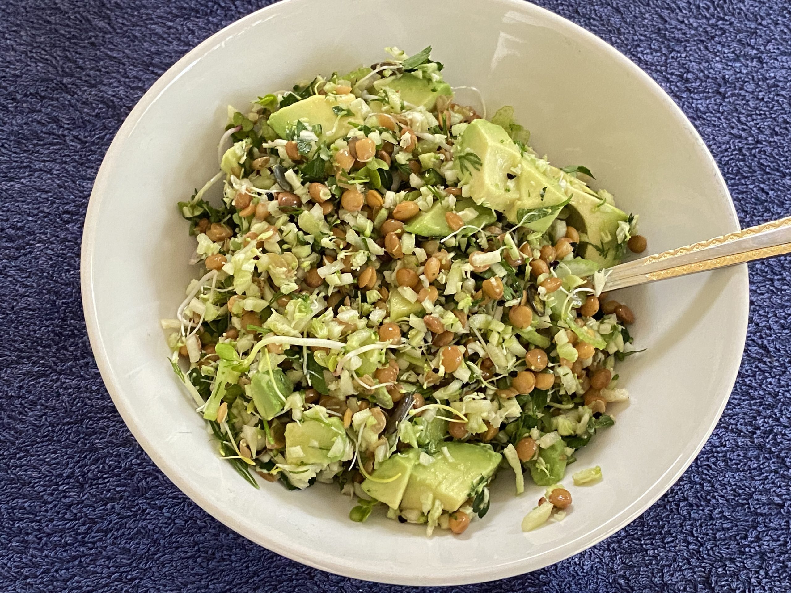 Broccoli-linzensalade met avocado en kiemgroenten