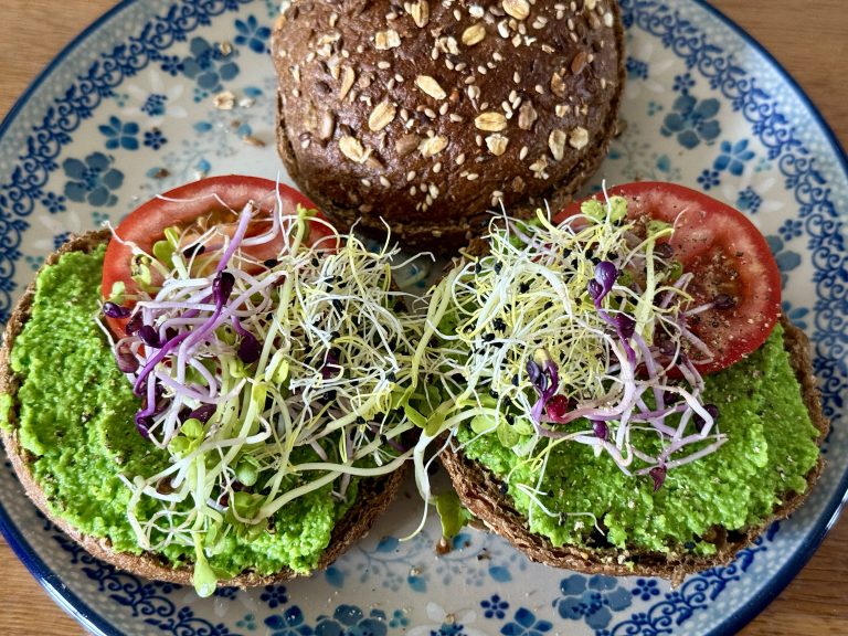 Waldkornbollen besmeerd met doperwt- en muntpuree en belegd met tomaat en kiemgroenten