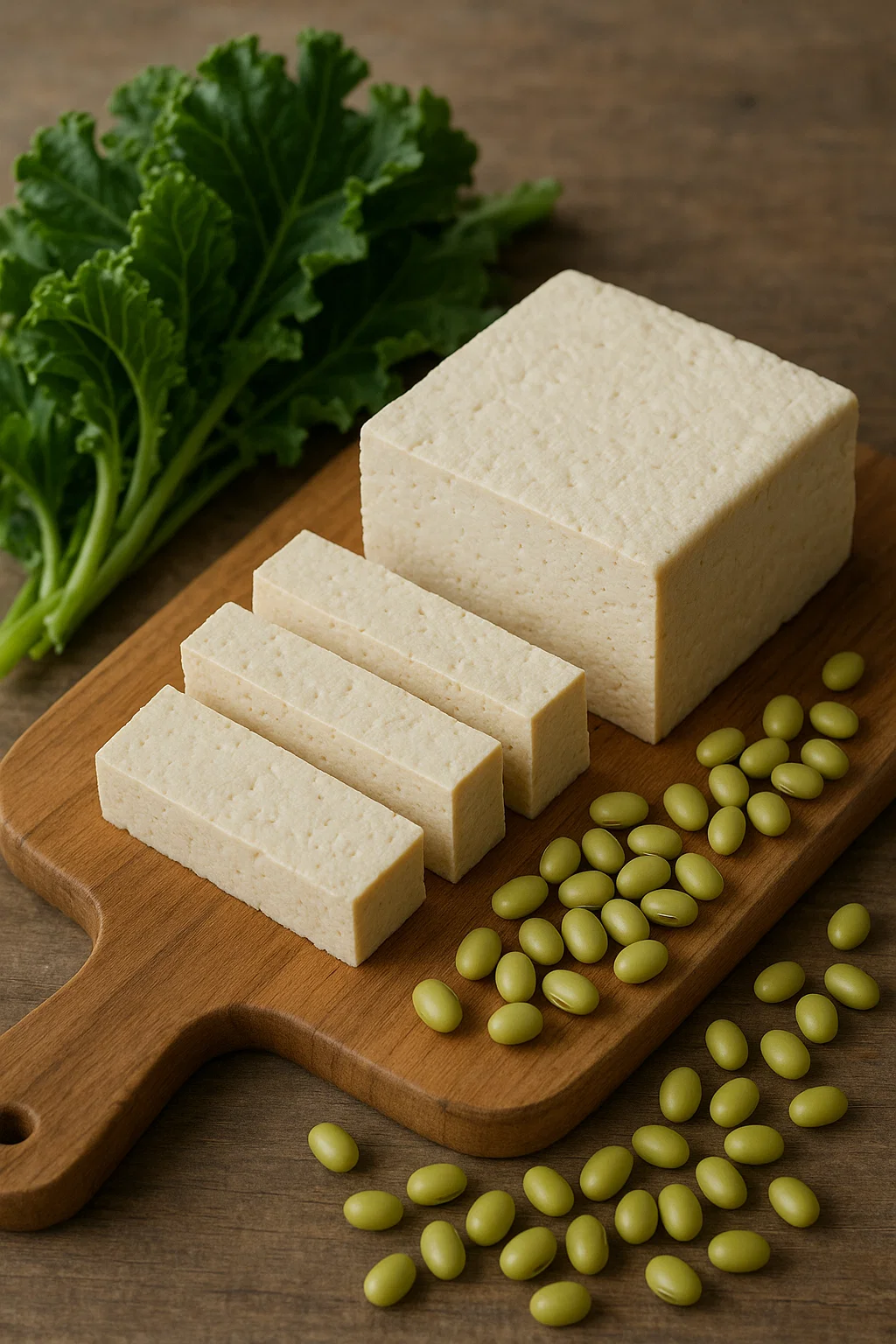 tofu en sojabonen op een snijplank, ernaast groene groenten