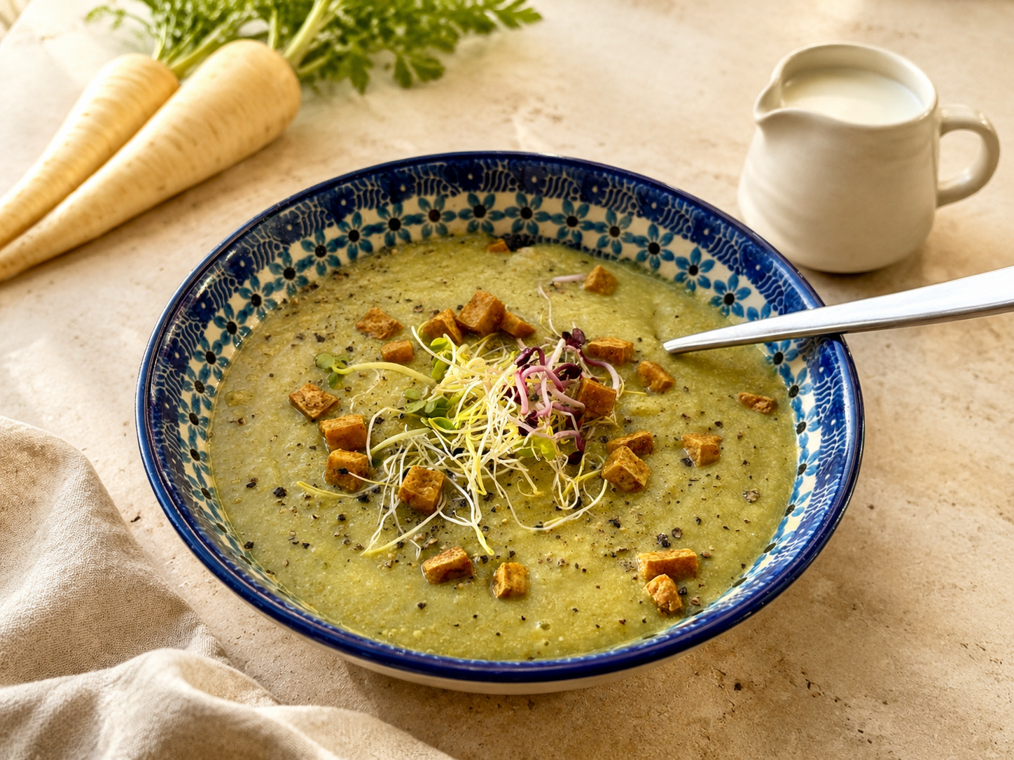 Pastinaaksoep met appel en krokante tofu